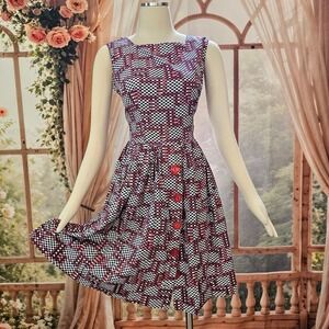 Vintage 1960's Geometric Checkered Fit & Flare Dress Red White Navy Square Neck